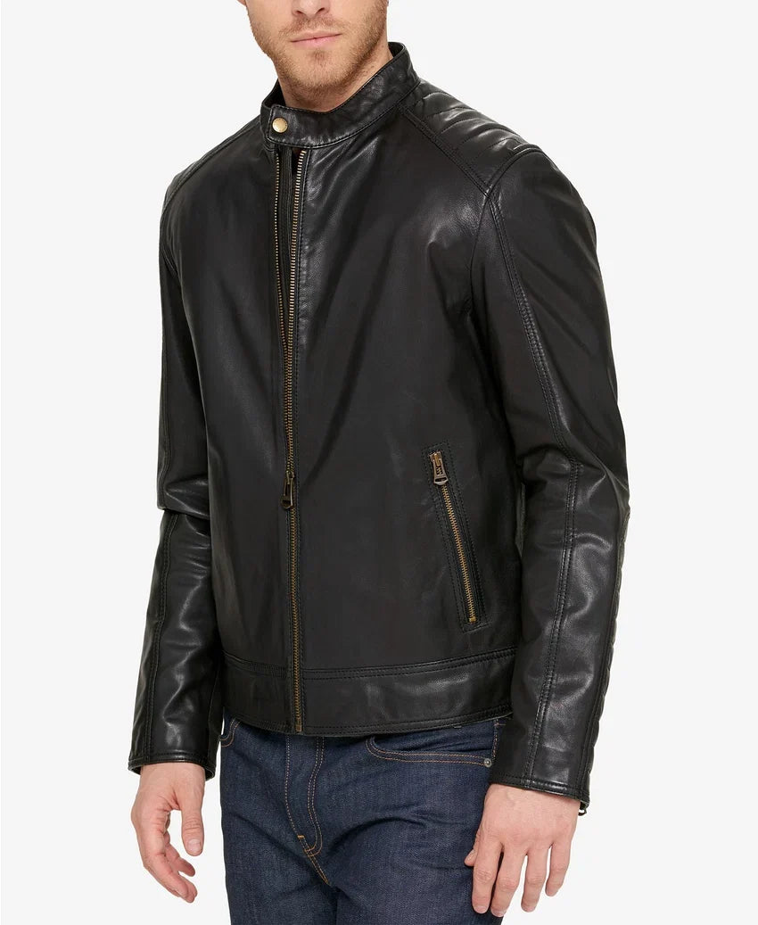 Women's Black Leather Zip Jacket with Stand Collar — Photo 1