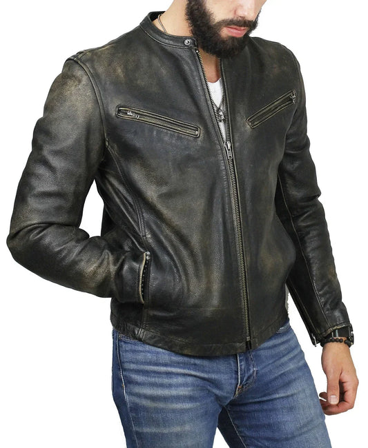 Women's Black Leather Cafe Racer Jacket — Photo 1