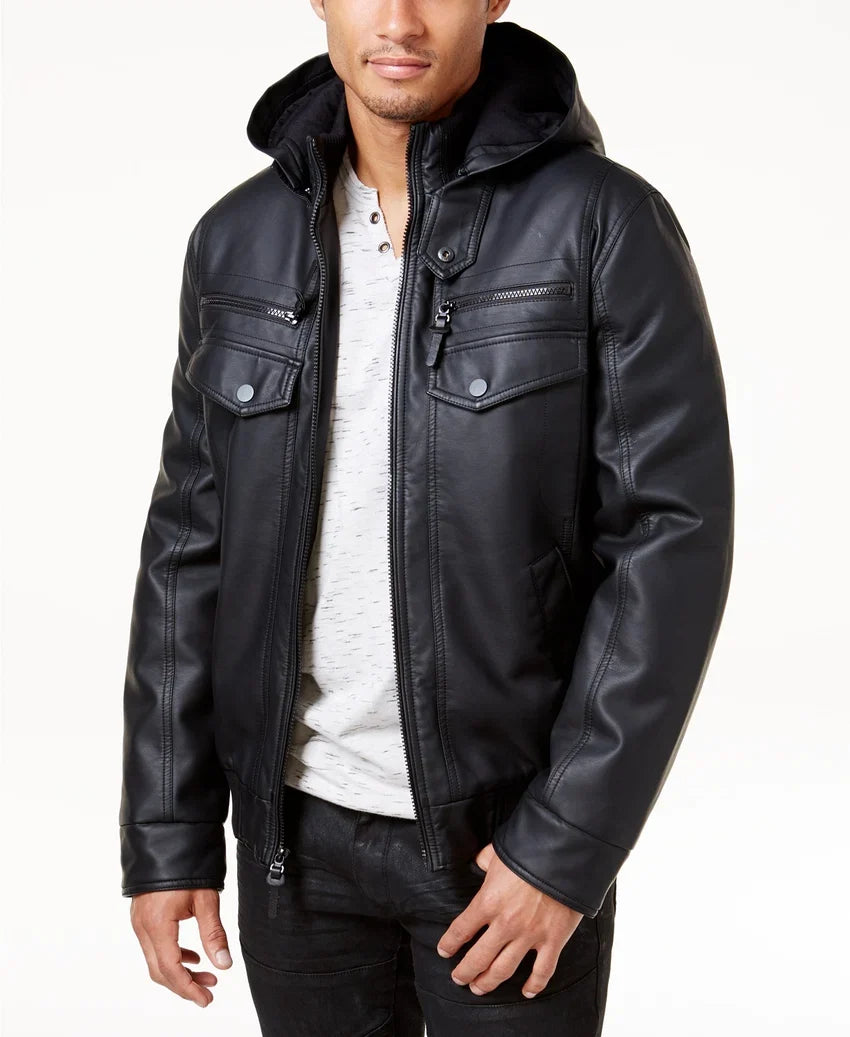 Women's Black Hooded Leather Jacket — Photo 1