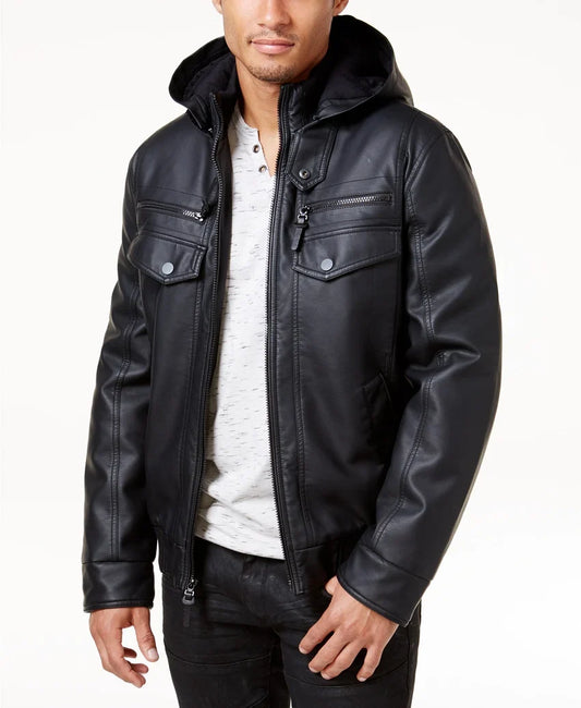 Women's Black Hooded Leather Jacket — Photo 1