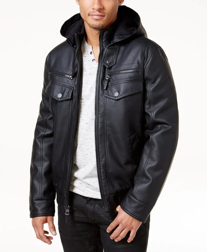 Women's Black Hooded Leather Jacket — Photo 1