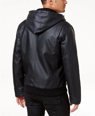 Women's Black Hooded Leather Jacket — Photo 2